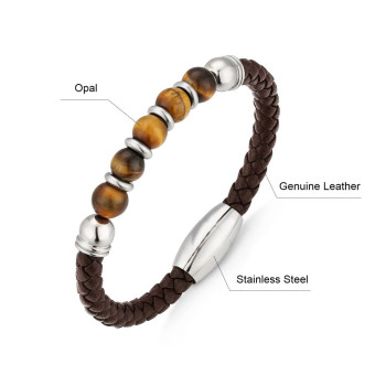 Fashion Brown Leather Bracelet with Natural Tiger Eye Beaded