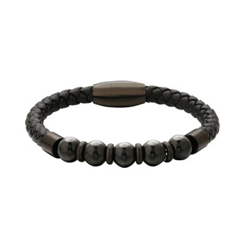 Fashion Black Gold Leather Bracelet with Natural Obsidian Stone Bead