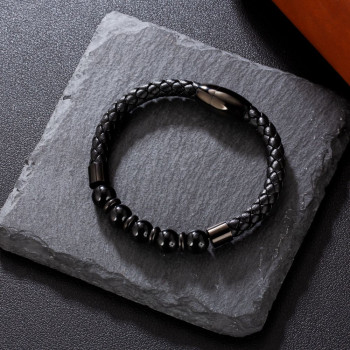 Fashion Black Gold Leather Bracelet with Natural Obsidian Stone Bead
