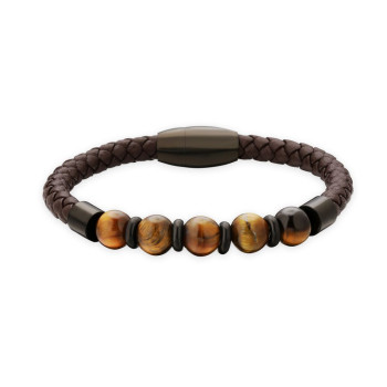 Fashion Black Gold Leather Bracelet with Natural Tiger Eye Beaded