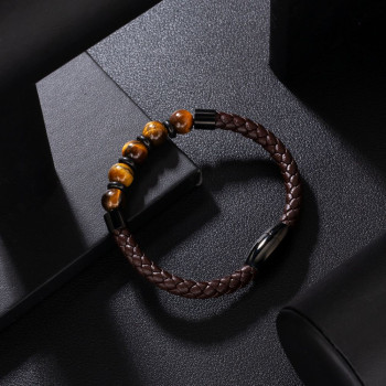 Fashion Black Gold Leather Bracelet with Natural Tiger Eye Beaded