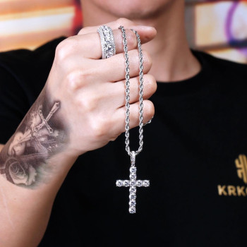 Fashion Iced Out Mens Cross Pendant Necklace in White Gold