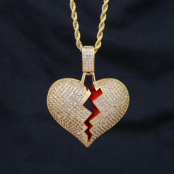 Iced Out CZ Diamond Broken Heart Mens Pendant Necklace in 14K Gold