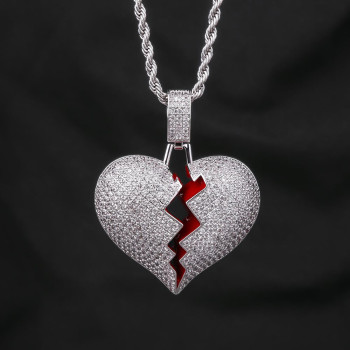 Iced Out Diamond Broken Heart Pendant Necklace For Men in White Gold