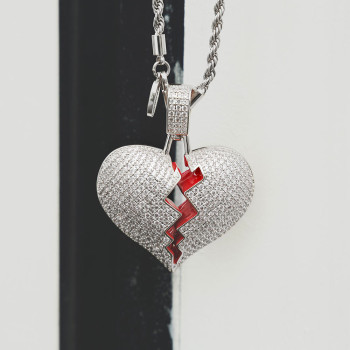 Iced Out Diamond Broken Heart Pendant Necklace For Men in White Gold