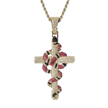Iced Out  Cool Cross Nacklace with Coral Snake Twist Pendant 