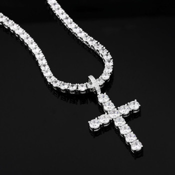 4mm CZ Diamond Tennis Chain Necklace with Iced Out Cross Pendant