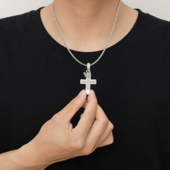 Iced Out Crown Cross Pendant with 3mm Rope Chain for Men
