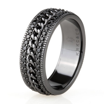 Iced Out Diamond CZ Black Gold Cuban Link Rotating Mens Ring 