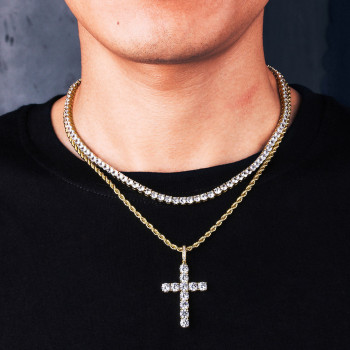 Jewelry Set Iced Out Mens Cross Pendant With Tennis Chain and Rope Chain