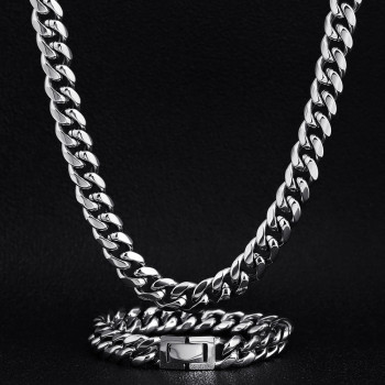 10mm Stainless Steel Miami Cuban Link Chain and Bracelet Set for Men