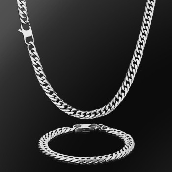 6-Sided | 8mm Stainless Steel White Gold Miami Cuban Link Chain and Bracelet Set