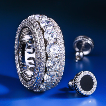 Iced Full Diamond Ring and Onyx Earrings Set