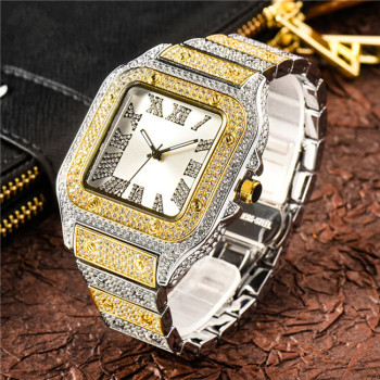 Fashion Roman Scale Hip Hop Diamond Square Mens Watch