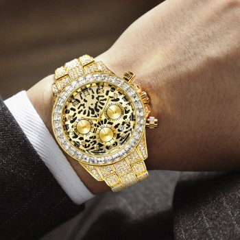 Modern Baguette Cut Leopard Print Round Diamond Dial Watch