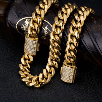 18mm Iced Box Clasp Stainless Steel Cuban Link Chain in 18K Gold