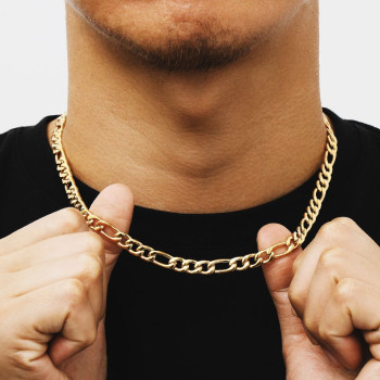 7mm Stainless Steel Figaro Chain in 18K Gold for Men