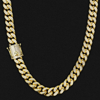 14mm Iced Out Diamond Cuban Link Chain in 14K Gold 