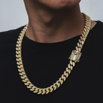 14mm Iced Out Diamond Cuban Link Chain in 14K Gold 