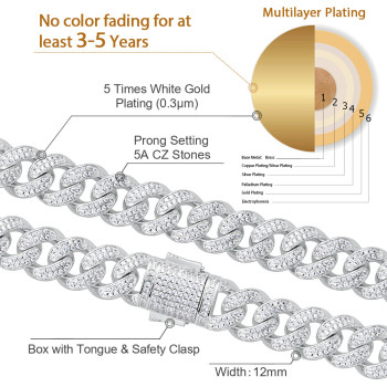 Iced Out Box Clasp Cuban Link Chain (12mm) for Men's Necklace in White Gold
