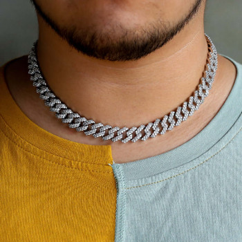 12mm Iced Hip Hop Prong Link Choker Cuban Chain in White Gold
