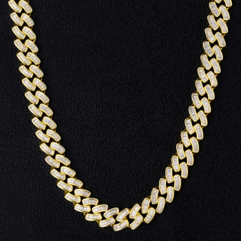 12mm Baguette Iced Out Mens Cuban Link Necklace in 14K Gold
