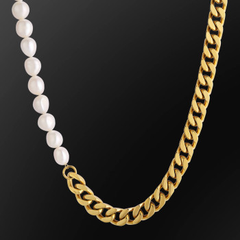 Mens Baroque Pearl Necklace in White Gold/Yellow Gold