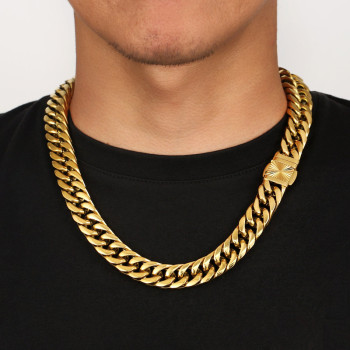 14mm Fashion Mens Cuban Link Chain 4-Side with Embossed Clasp