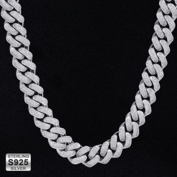 18mm Sterling Silver Mens Diamond Cuban Link Chain