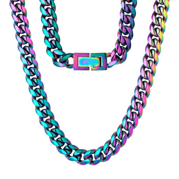 Fashion Rainbow 10mm Stainless Steel Cuban Link Chain