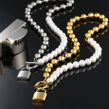 Fashion Women Pearl Necklace +Bead Chain with Lock Pendant