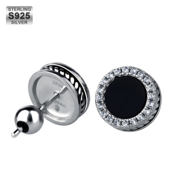 Round Black Onyx Diamond Stud Earrings for Men