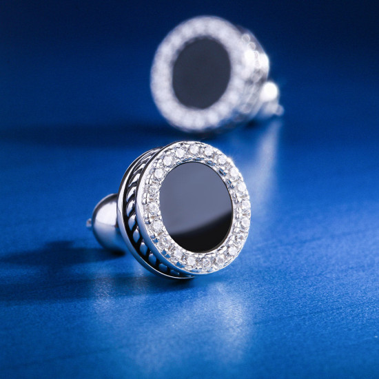 Round Black Onyx Diamond Stud Earrings for Men