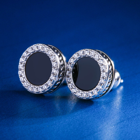 Round Black Onyx Diamond Stud Earrings for Men