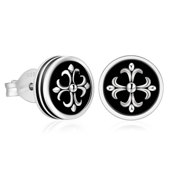 9mm Cross Fleur de lis Black Round Stud Earrings